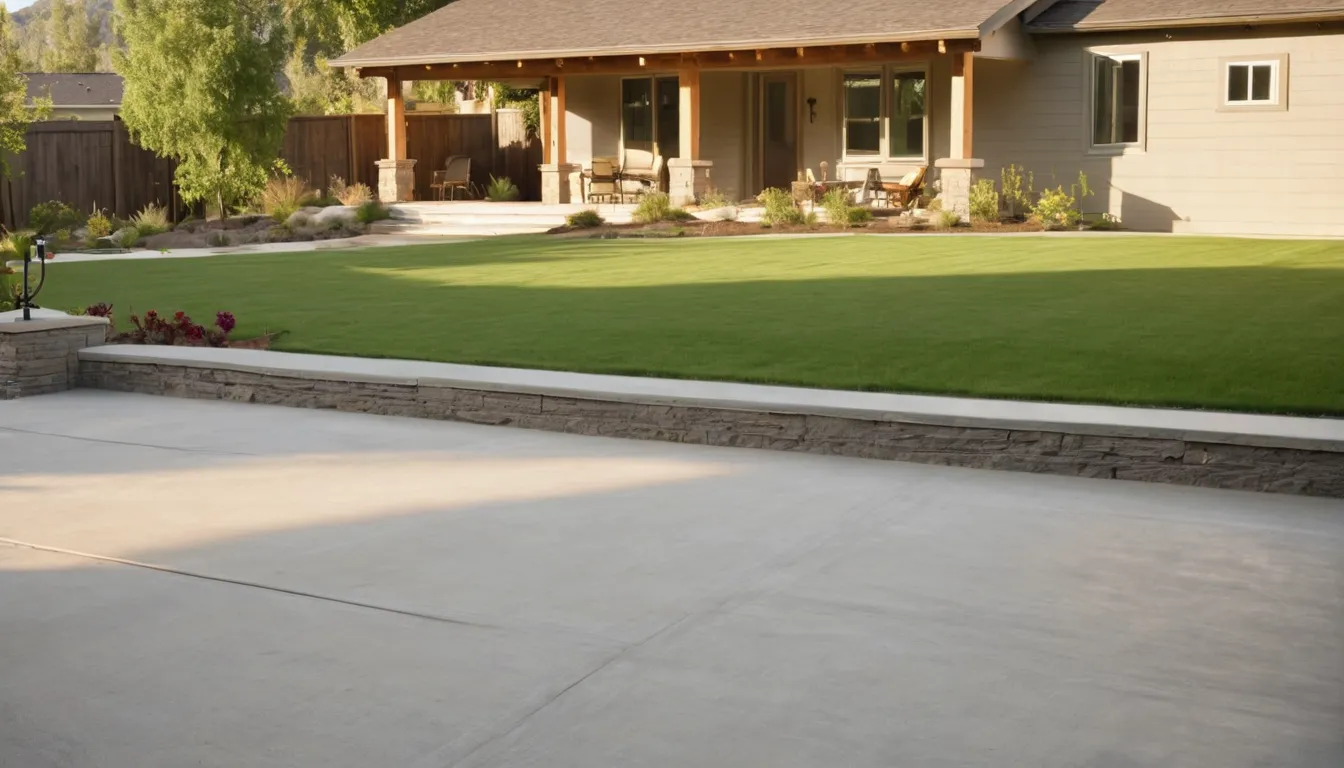 A newly poured concrete patio behind a family home in Lebanon on a clear morning