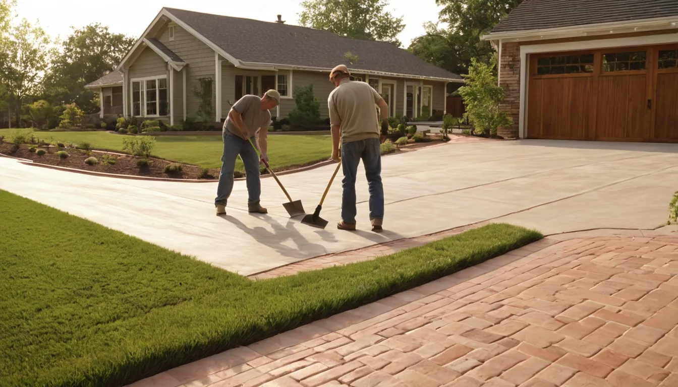 Fresh concrete driveway being finished beside a ranch-style home in Lebanon