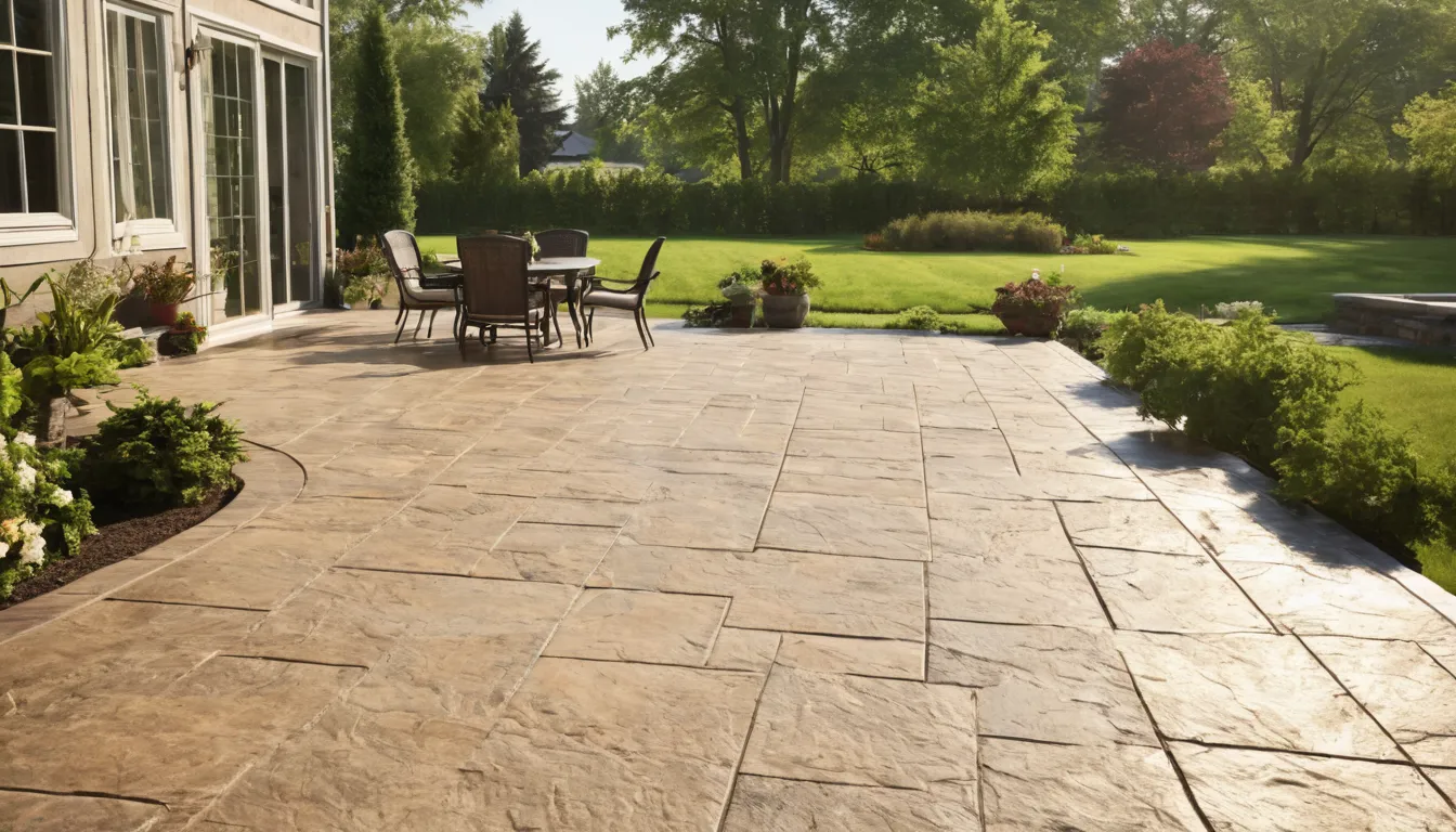 Finished stamped concrete patio behind a frame house in Lebanon